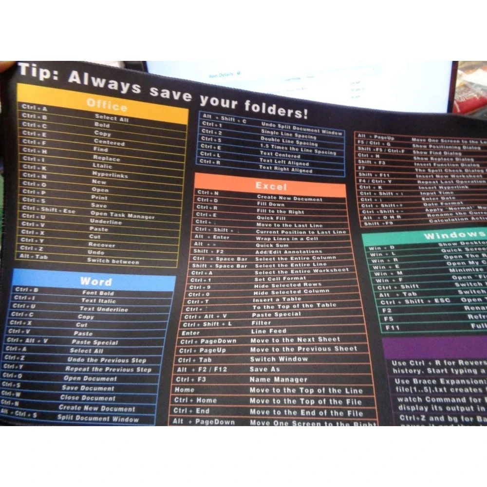 Excel Office Word PowerPoint Shortcut Key Mouse Pad Large Size Computer Mat NIP